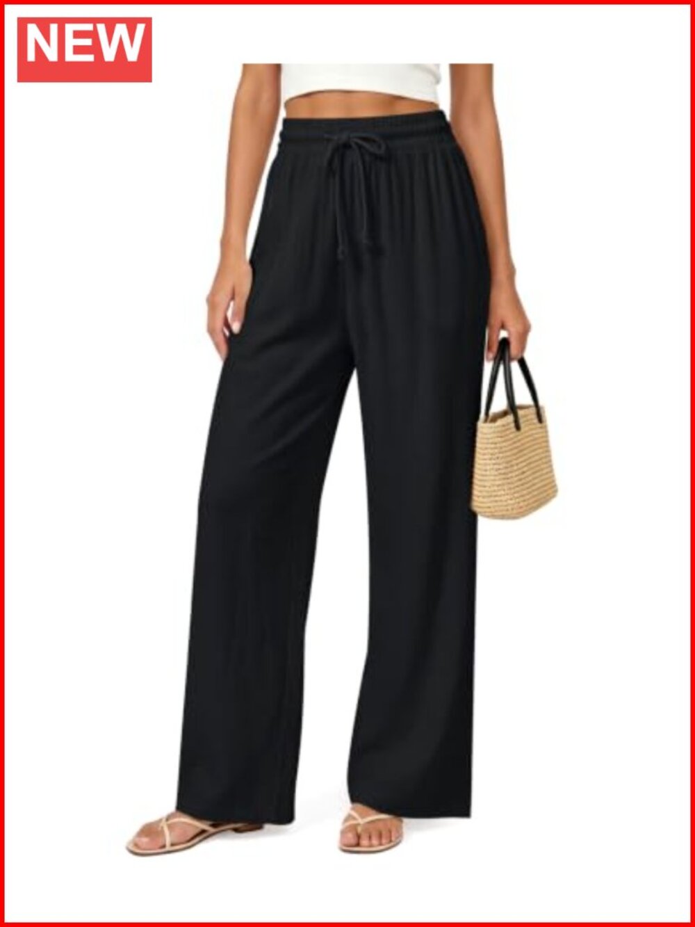 Linen Blend Wide Leg Drawstring Pants with Pockets